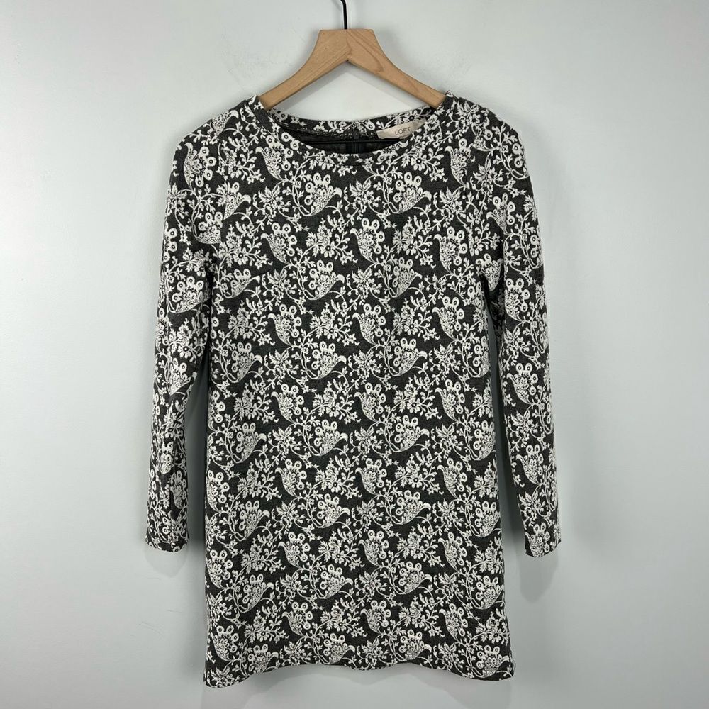 Loft Petite Grey Long Sleeve Dress With White Paisley Embroidery